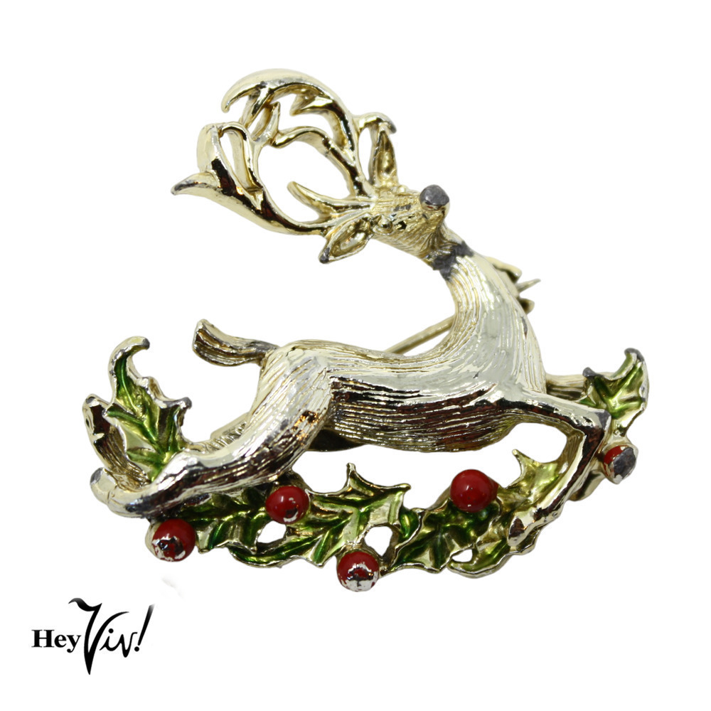 Vintage Signed Gerry's Stag Reindeer Pin Brooch w Christmas Holly 1.5" - Hey Viv